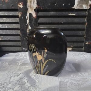 Black Floral Accent Vase with Gold Botanical Motif